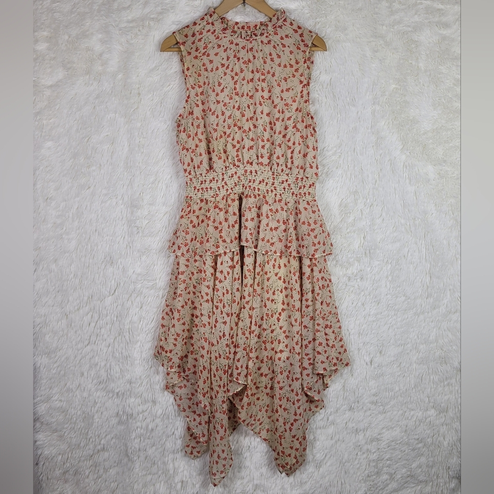 Pleione Cream Red Floral Peplum Asymmetrical Dress Sz Large Cottage Spring